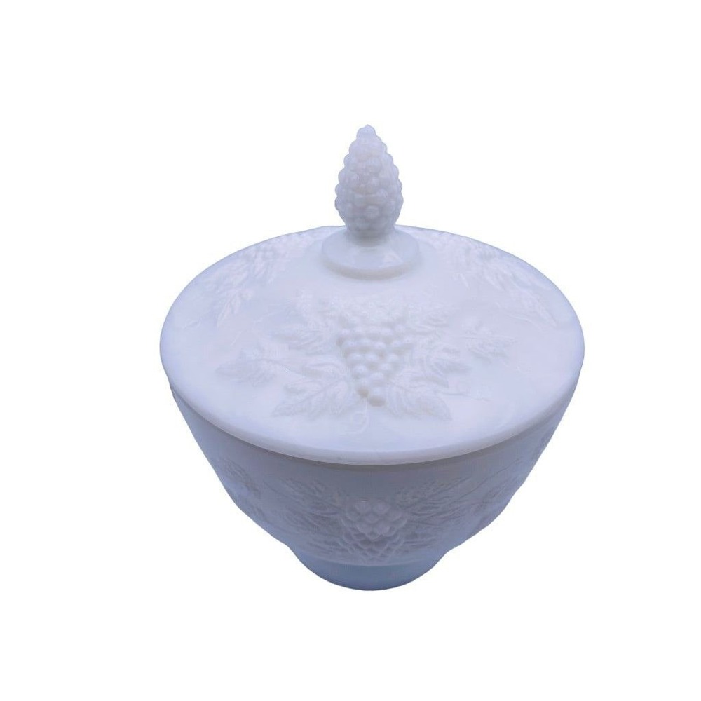 Vintage Smith Glass Milk Glass White Lidded Candy Dish Grape Pattern